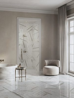 Contemporary bathroom featuring Intarsi Tiziano 24x48 large-format porcelain flooring and shower walls with a directional geometric aesthetic.