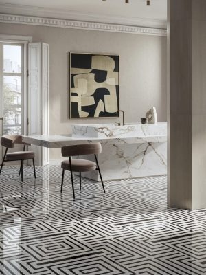 Luxurious commercial interior featuring Intarsi Vinci 24x48 mosaic-look porcelain flooring with a continuous geometric inlay design in a high-end retail setting.