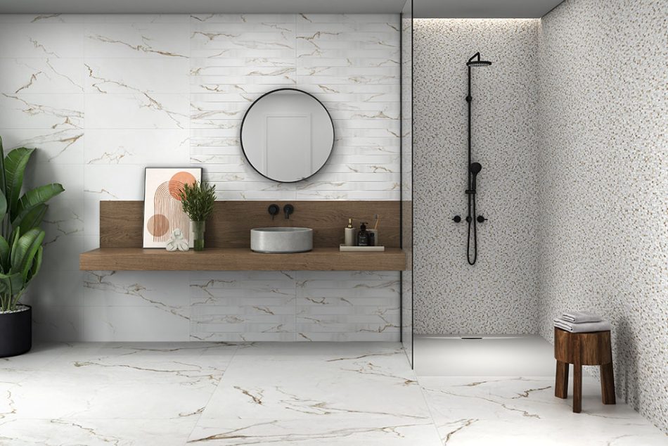 24x48 and 48x48 tile bathroom with alba Gold Calacatta Look tile