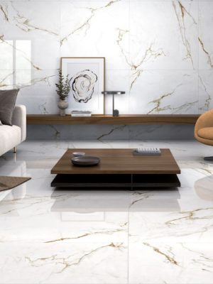 large format 48x48 Calacatta Gold look porcelain tile in a living room