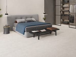 Stellar White porcelain tile with elegant veining and a soft satin finish