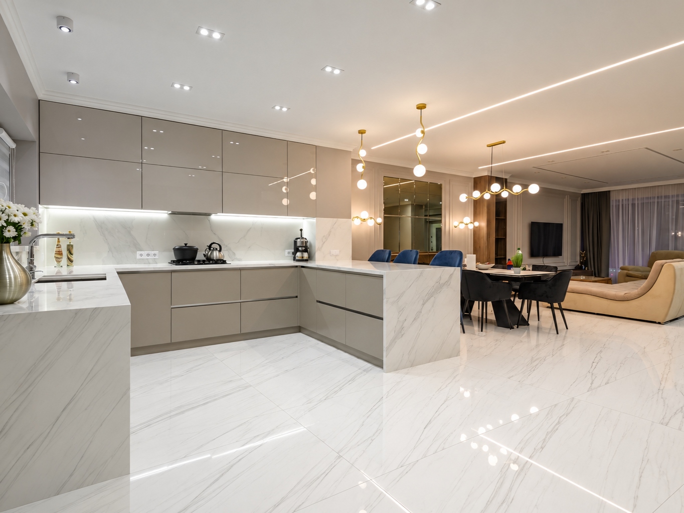 Blanco Ibiza 48×48 polished porcelain tile installed on a modern kitchen floor