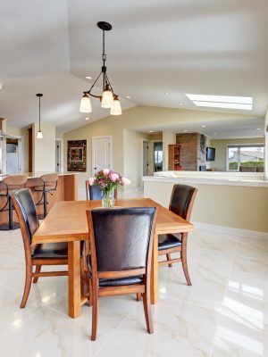 Calacatta Puro polished porcelain tile installed in a kitchen and dining area