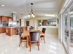Calacatta Puro polished porcelain tile installed in a kitchen and dining area