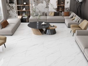 Blanco Ibiza 24×48 polished porcelain tile installed on a contemporary living room floor