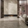 reccia Braque polished porcelain tile installed on living room floors and fireplace walls