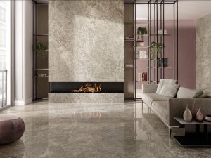 reccia Braque polished porcelain tile installed on living room floors and fireplace walls