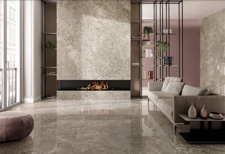 reccia Braque polished porcelain tile installed on living room floors and fireplace walls