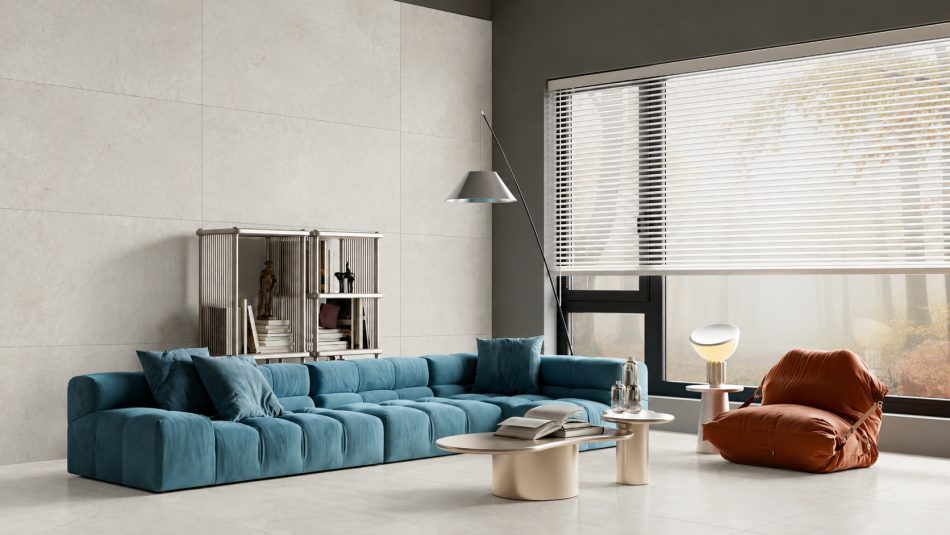 a Modern Living room with 32x63 Cosmo White concrete look tile looking seamless.