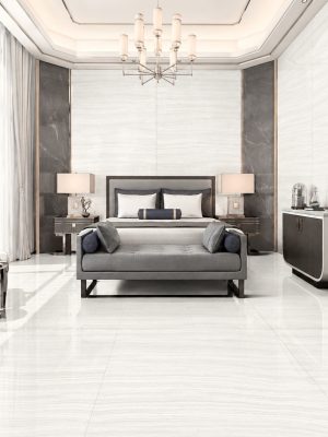 Vein cut onyx tile in a polished bedroom floor and wall installation