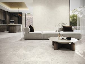 Polished Stone Look Tile Bedrock Sof White tile in a lucrious, contemporary interiror
