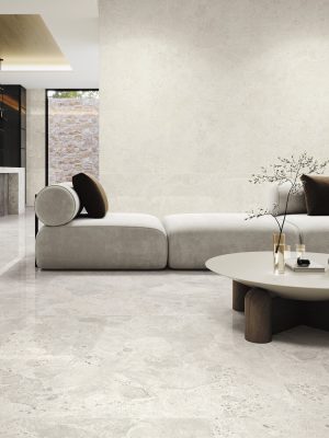 Polished Stone Look Tile Bedrock Sof White tile in a lucrious, contemporary interiror