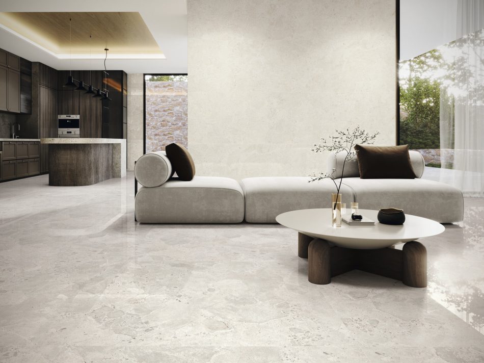 Polished Stone Look Tile Bedrock Sof White tile in a lucrious, contemporary interiror