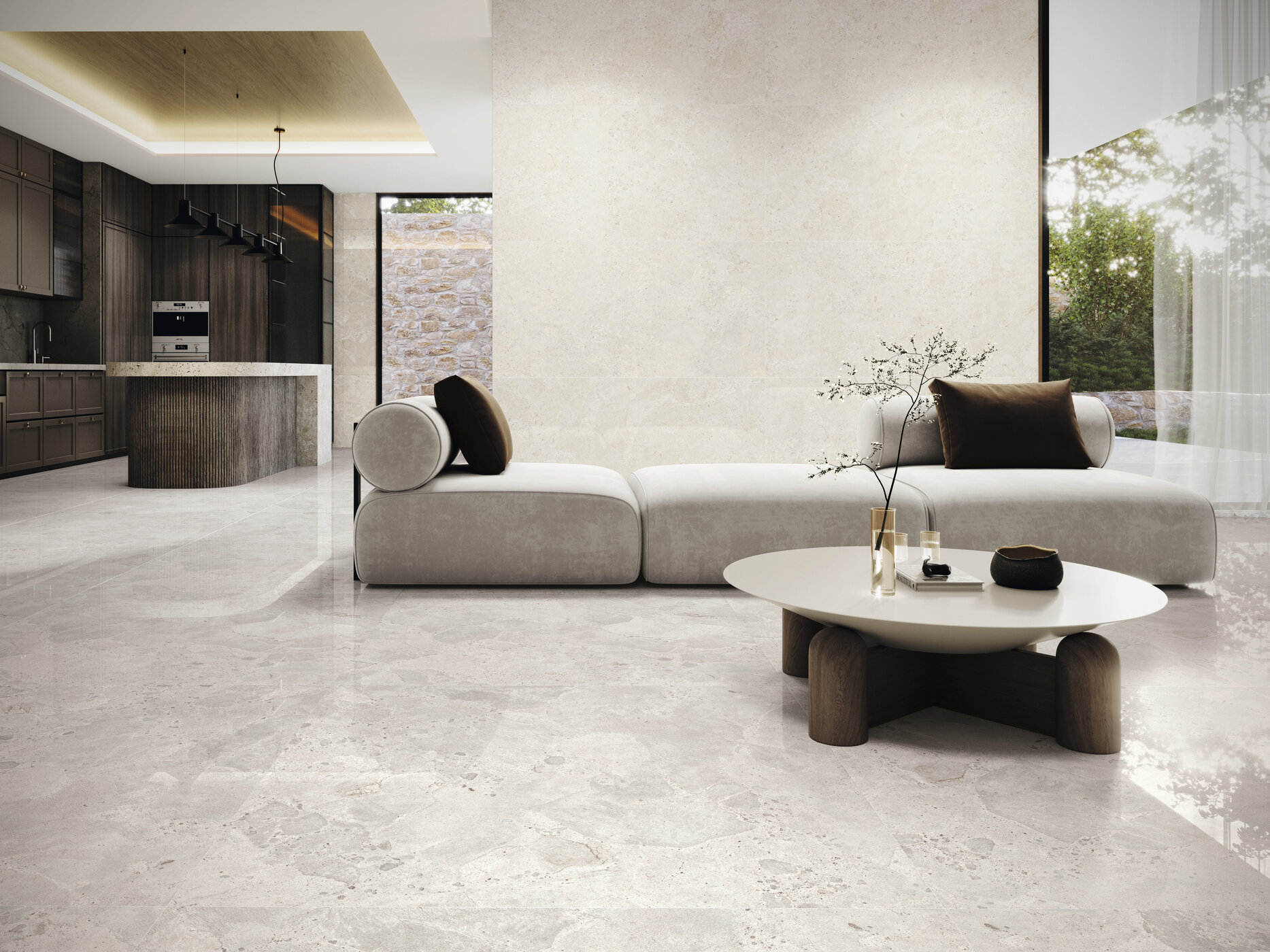 Polished Stone Look Tile Bedrock Sof White tile in a lucrious, contemporary interiror