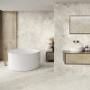 Polished Stone Look Tile Bedrock Soft White polished tile in a moder bathroom