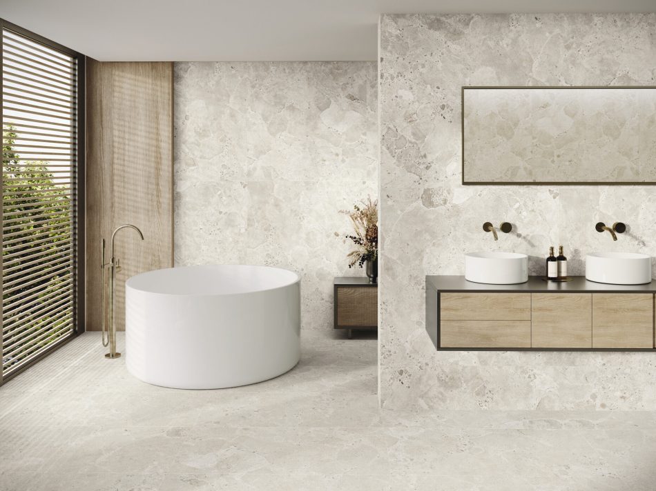 Polished Stone Look Tile Bedrock Soft White polished tile in a moder bathroom